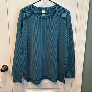 7th Ray Jeweled Teal Exposed Seam Ribbed Long Sleeve Crew Neck Top Size Large